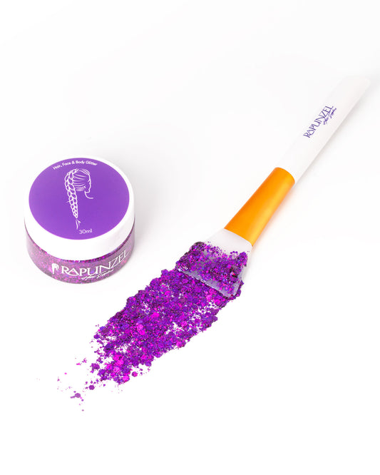 Purple glittery product with a container labeled 'Rapunzel' on a white background