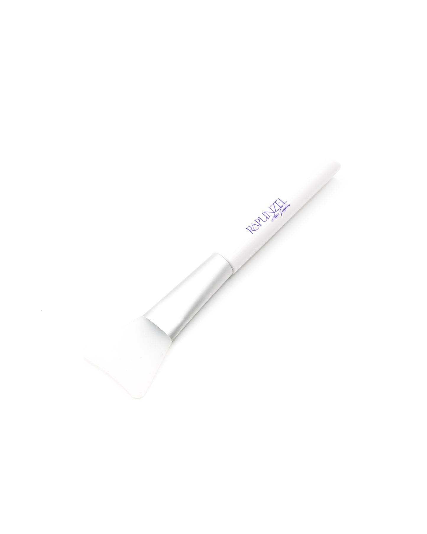 White glitter brush with blue text on a white background