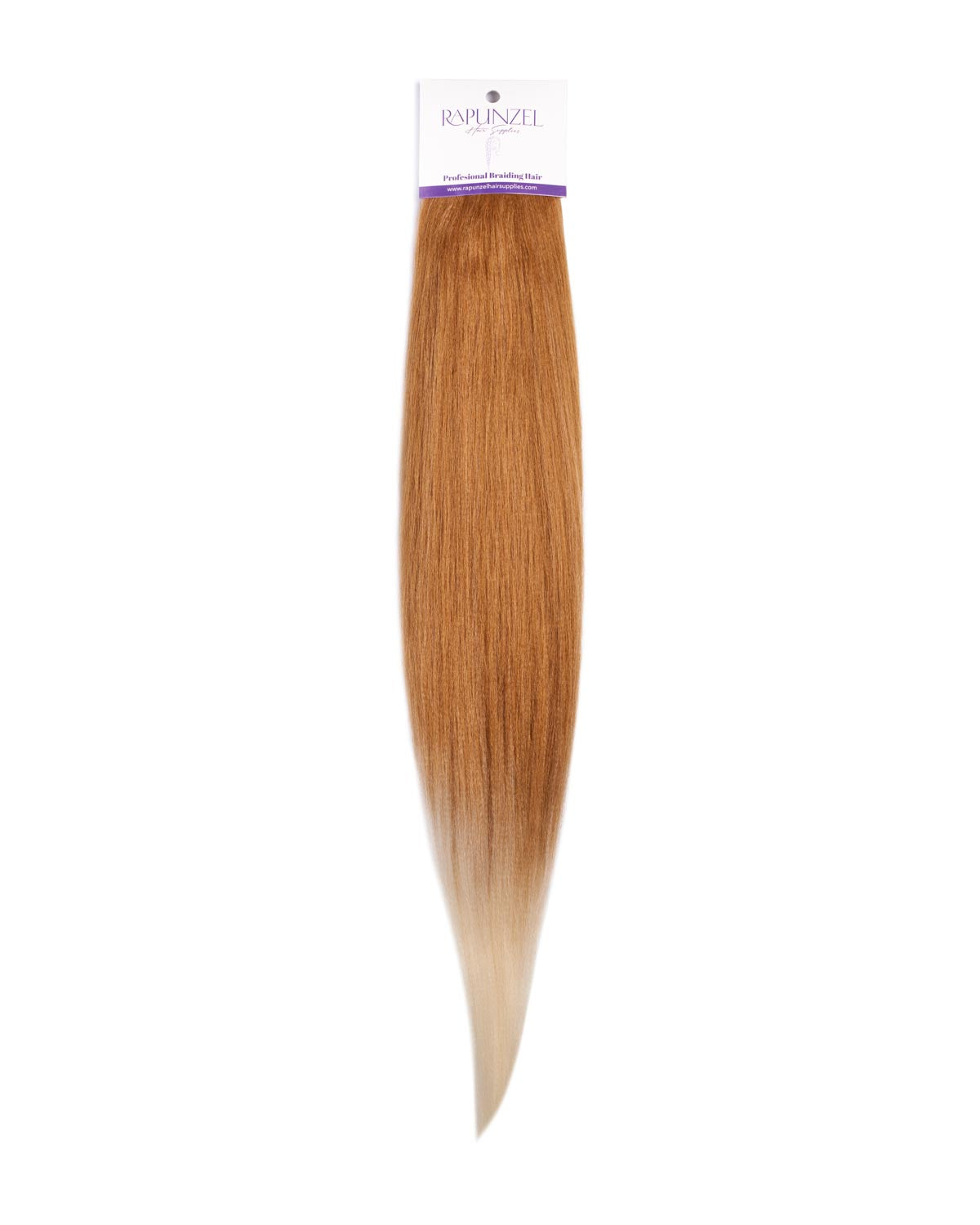 Blonde hair extension with a brand label on a white background