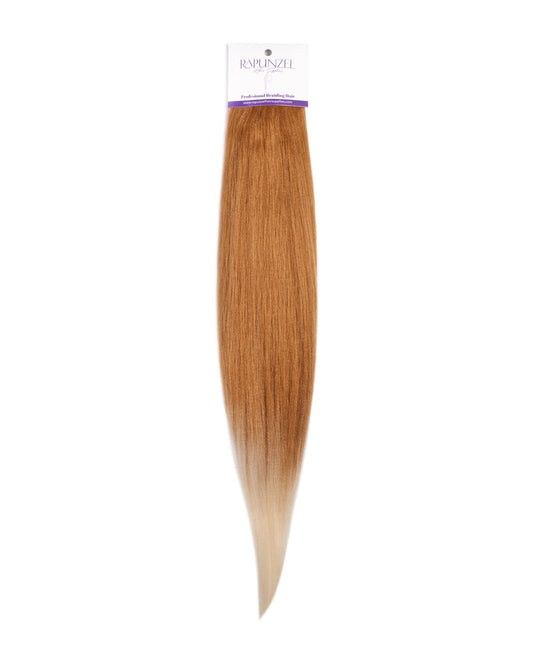Blonde hair extension with a brand label on a white background