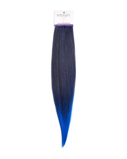 Blue hair extension on a white background with a brand label.