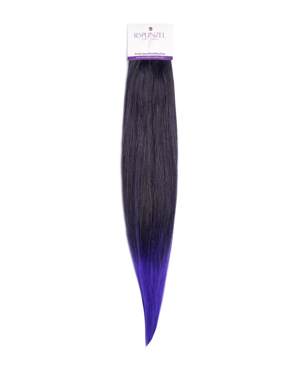 Hair extension with black and purple gradient on a white background, featuring the brand 'Rapunzel'.