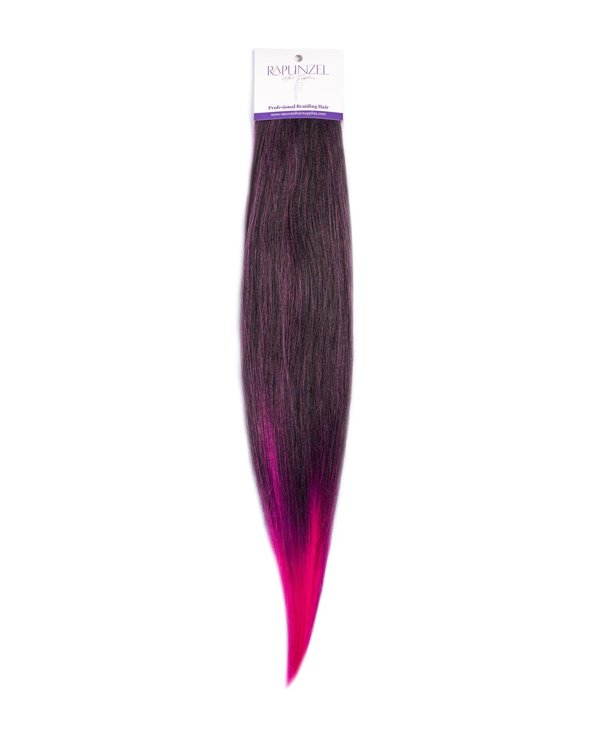 Hair extension with gradient color from black to pink on a white background