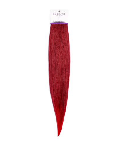 Red hair extension with a brand label on a white background