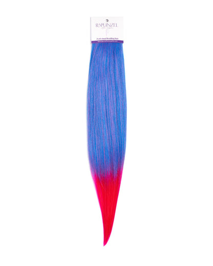 Blue and pink hair extension with a brand label on a white background