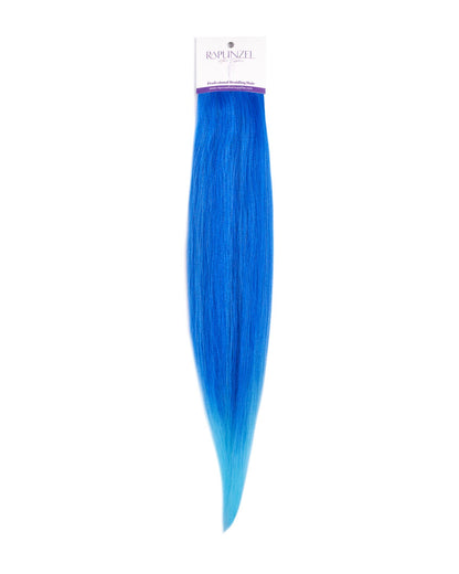 Blue hair extension with a brand label on a white background