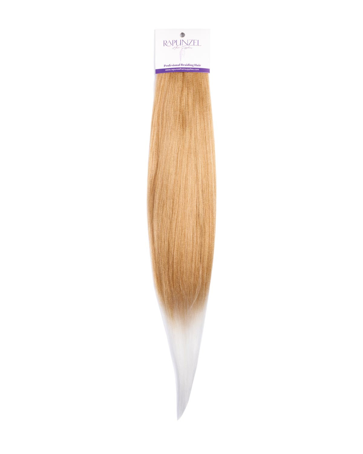 Blonde hair extension with a brand label on a white background