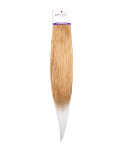 Blonde hair extension with a brand label on a white background