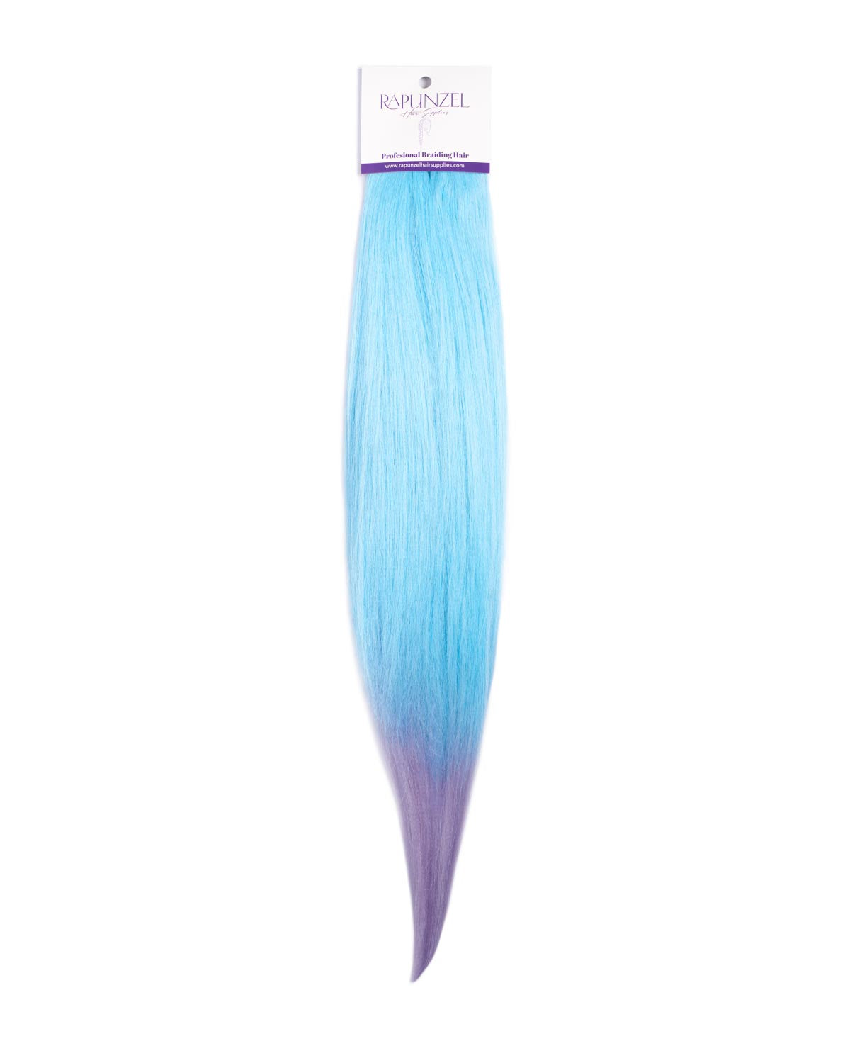 Blue and purple hair extension with 'Rapunzel' branding on a white background