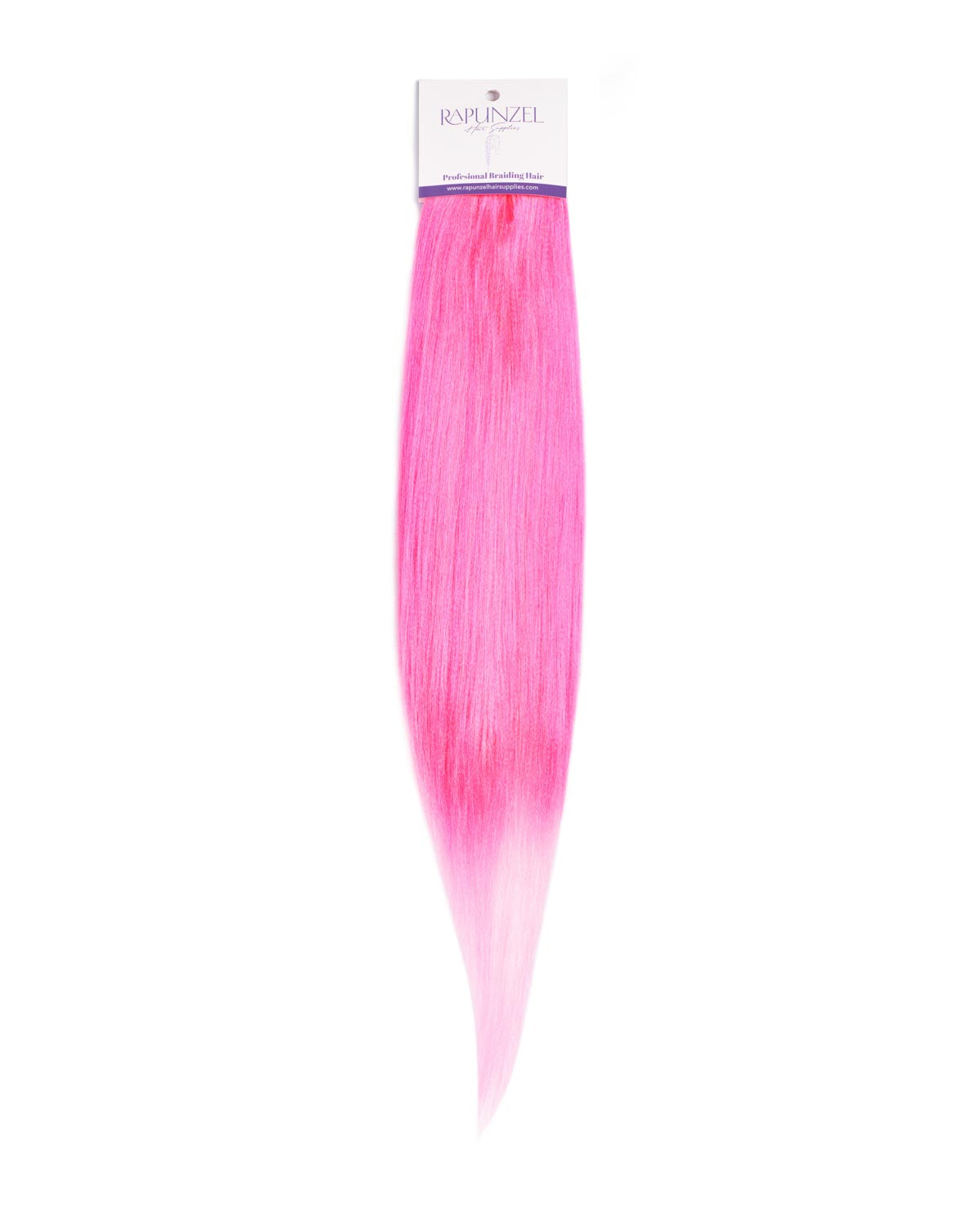 Pink hair extension with a brand label on a white background