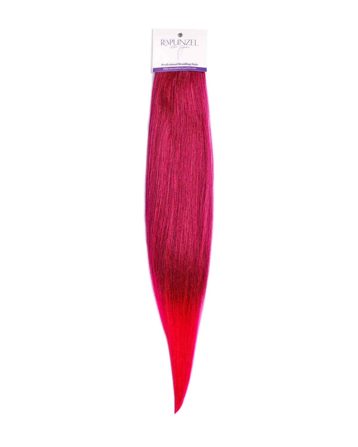 Red hair extensions with a brand label on a white background