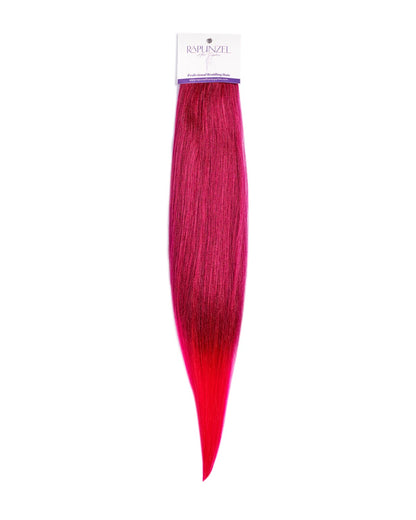 Red hair extensions with a brand label on a white background