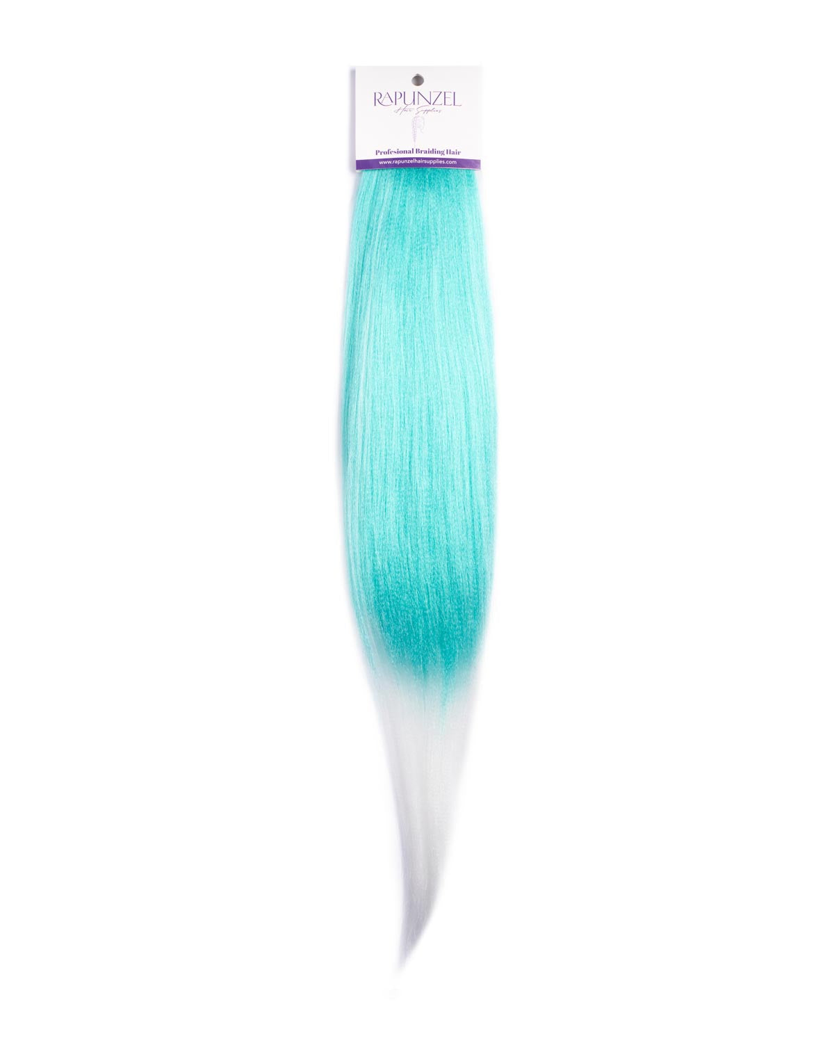 Turquoise hair extensions with a Rapunzel label on a white background