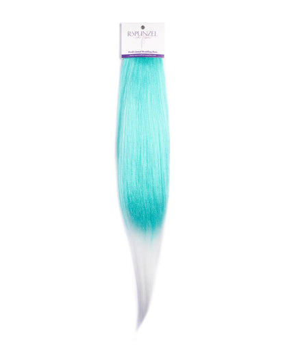 Turquoise hair extensions with a Rapunzel label on a white background