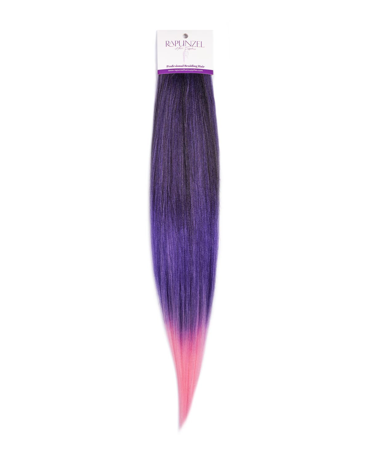 Purple to pink hair extension with a brand label on a white background