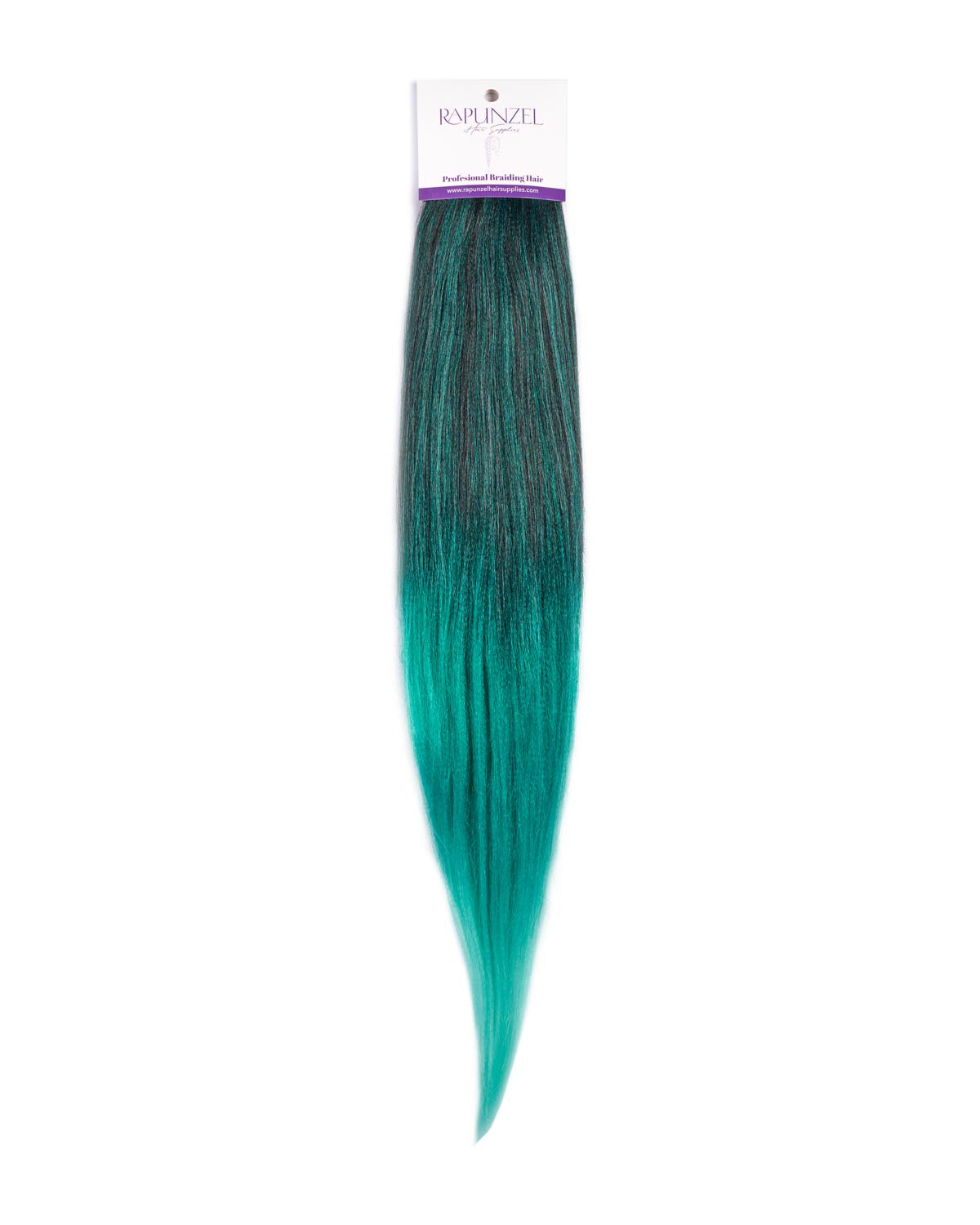 Green hair extensions with a brand label on a white background