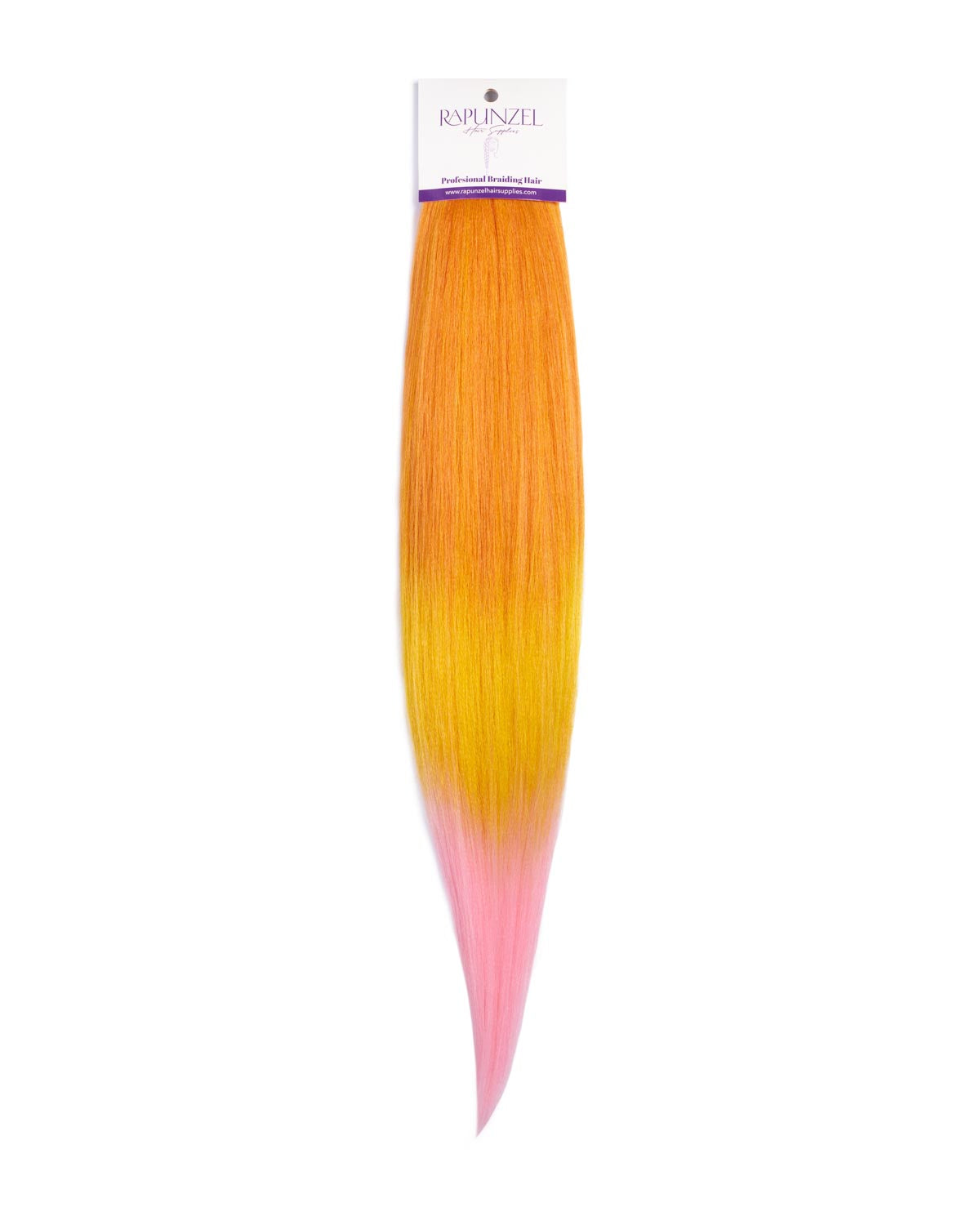 Hair extension with gradient color from orange to yellow to pink on a white background, branded 'Rapunzel'.