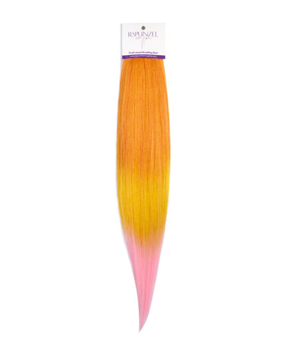 Hair extension with gradient color from orange to yellow to pink on a white background, branded 'Rapunzel'.