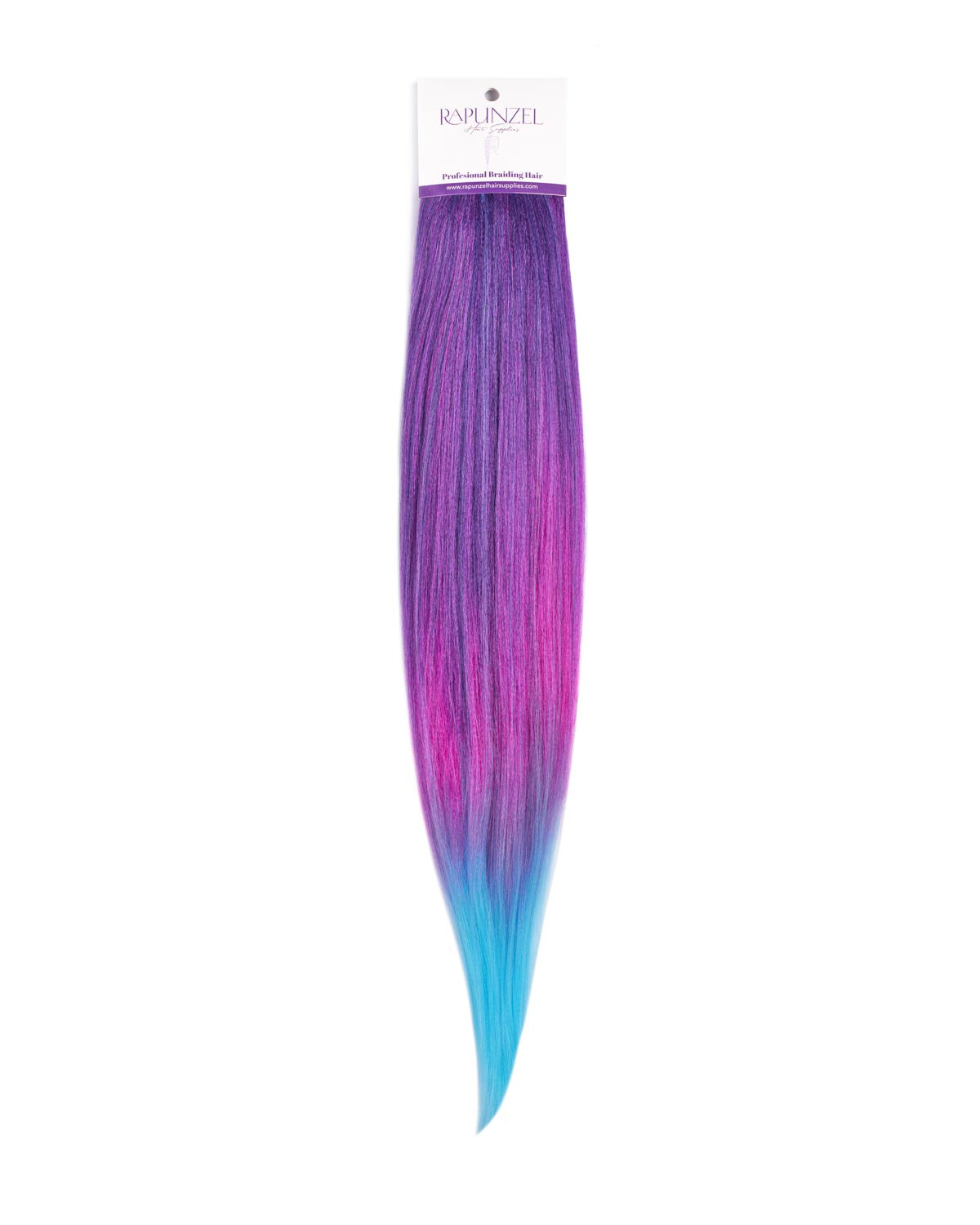 Colorful hair extension with gradient purple to blue on a white background, featuring the brand 'Rapunzel'.