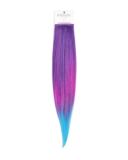 Colorful hair extension with gradient purple to blue on a white background, featuring the brand 'Rapunzel'.