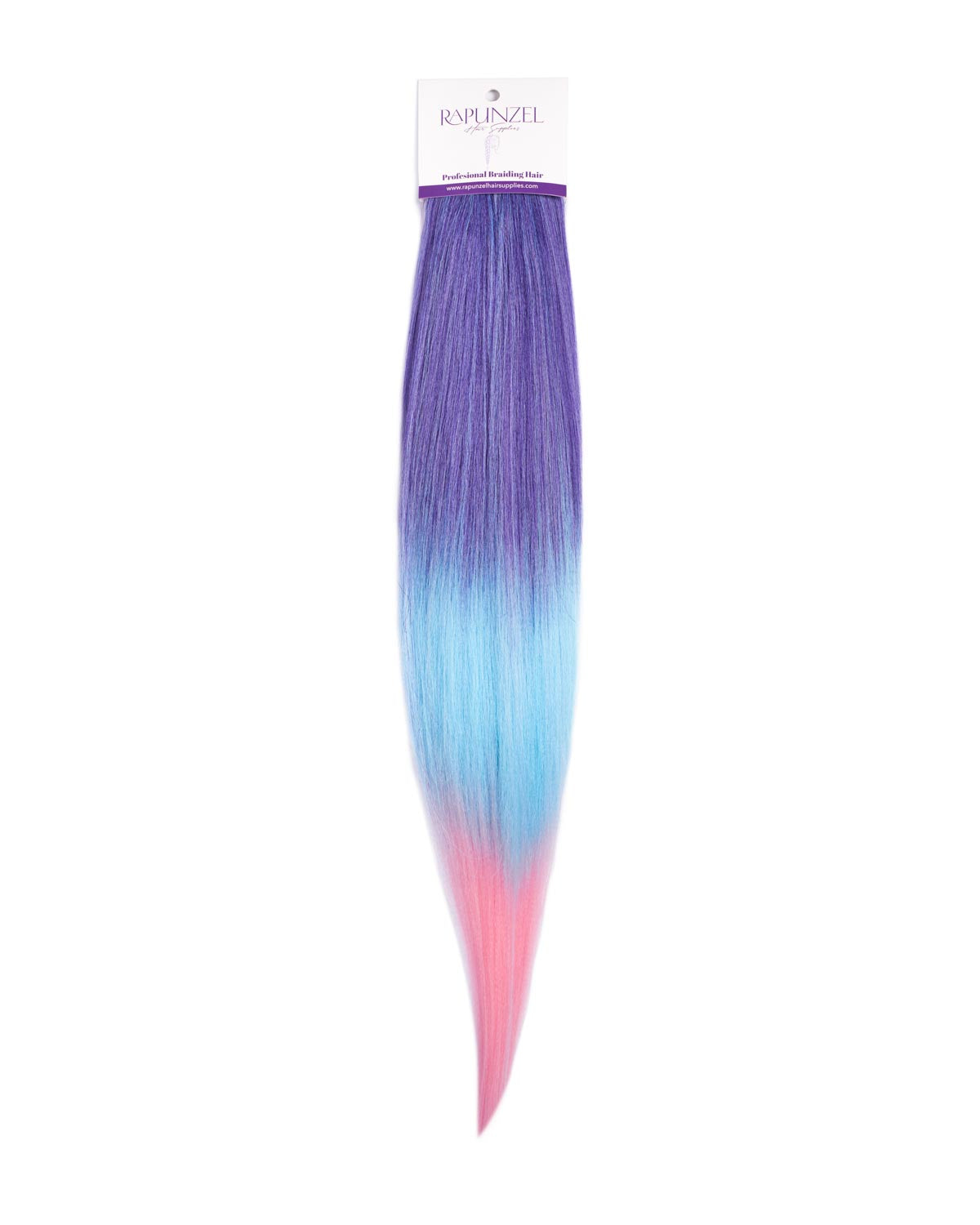 Gradient purple to blue to pink hair extension with Rapunzel branding on a white background