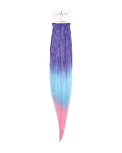 Gradient purple to blue to pink hair extension with Rapunzel branding on a white background