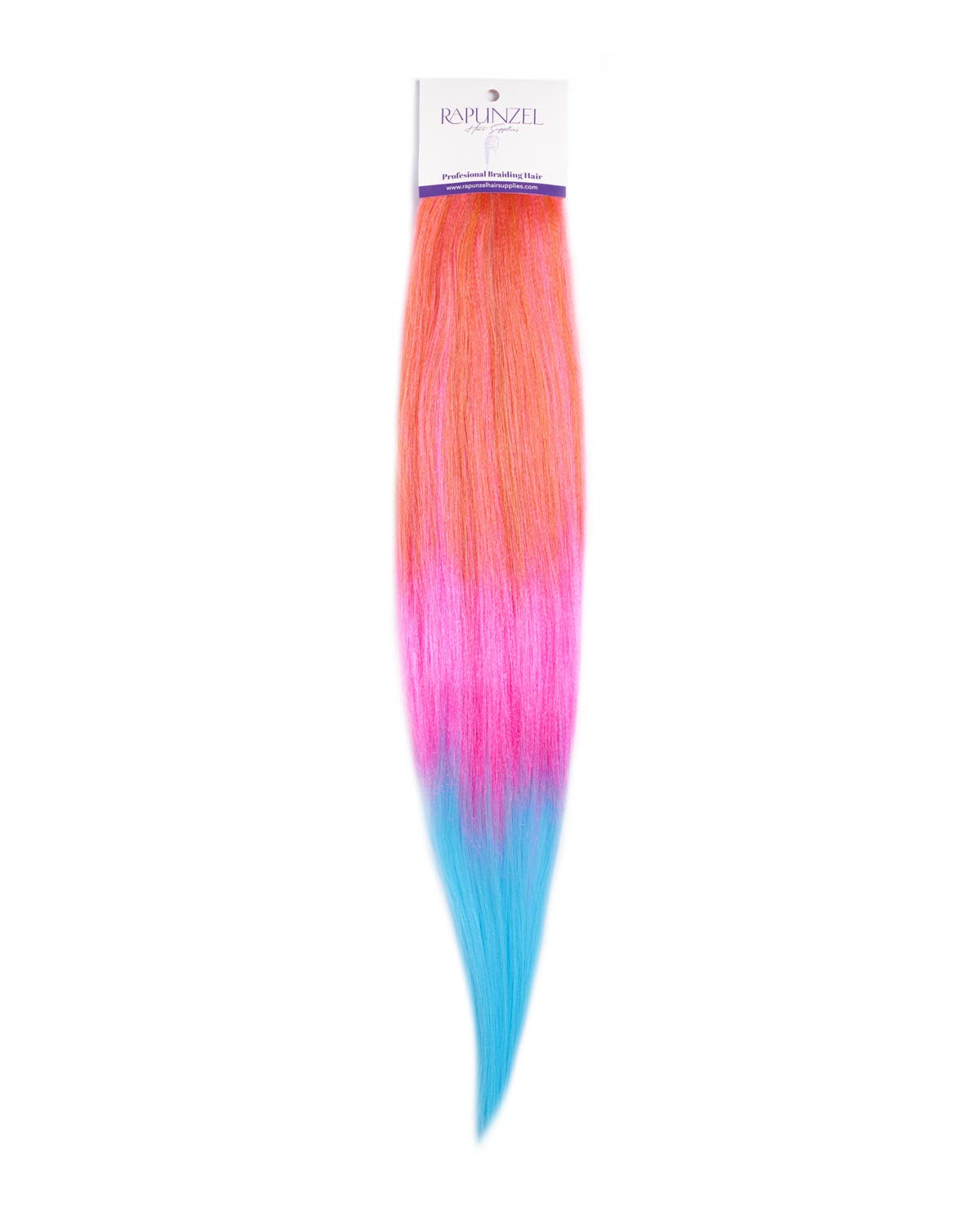 Colorful hair extension with gradient from orange to pink to blue on a white background, featuring the brand 'Riplinz'.