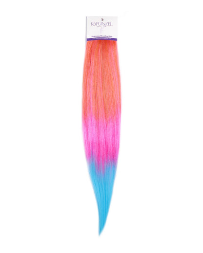 Colorful hair extension with gradient from orange to pink to blue on a white background, featuring the brand 'Riplinz'.