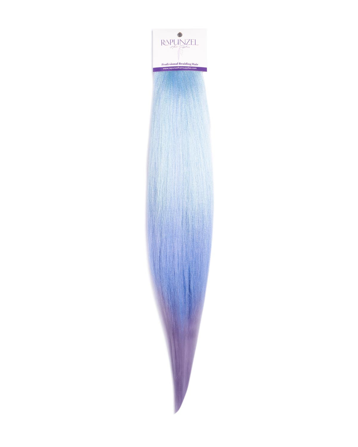 Blue ombre hair extension with a brand label on a white background