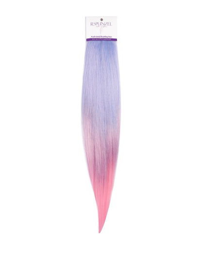 Ombre hair extension with blue to pink gradient on a white background