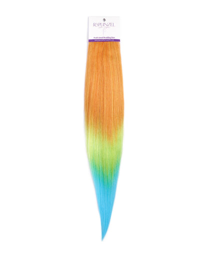 Gradient hair extension with orange to blue color change on a white background