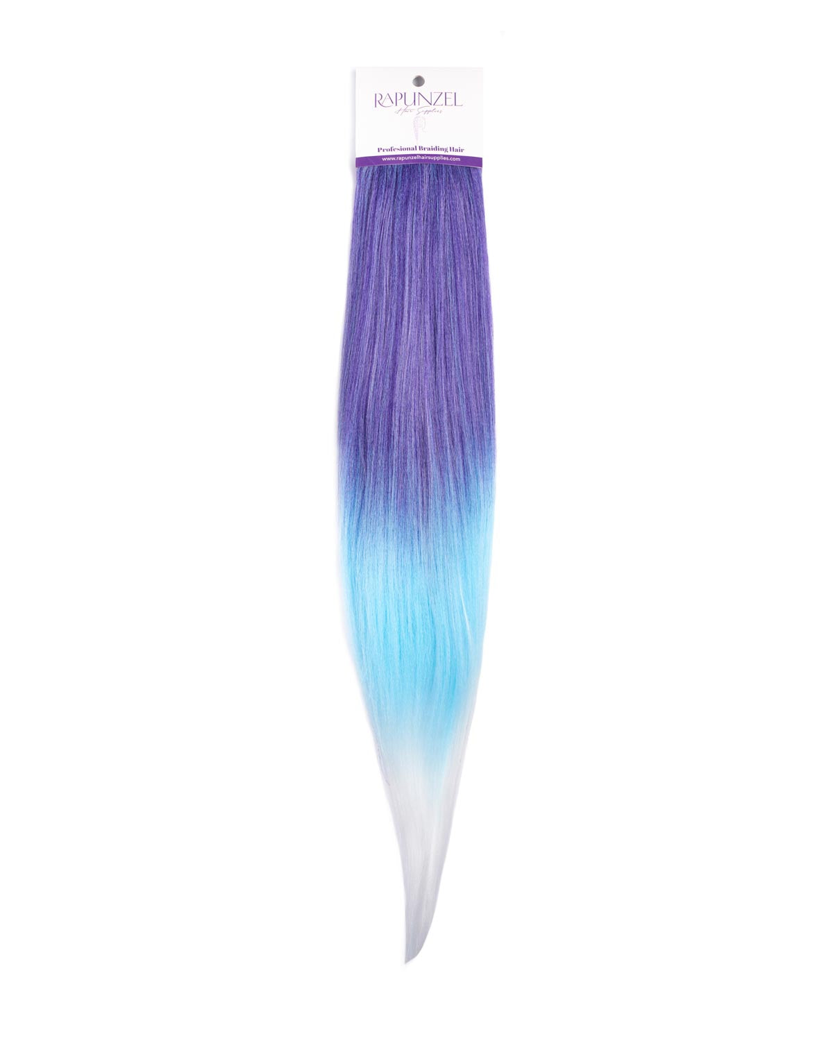Purple to blue ombre hair extensions on a white background with 'Ravenz' branding.
