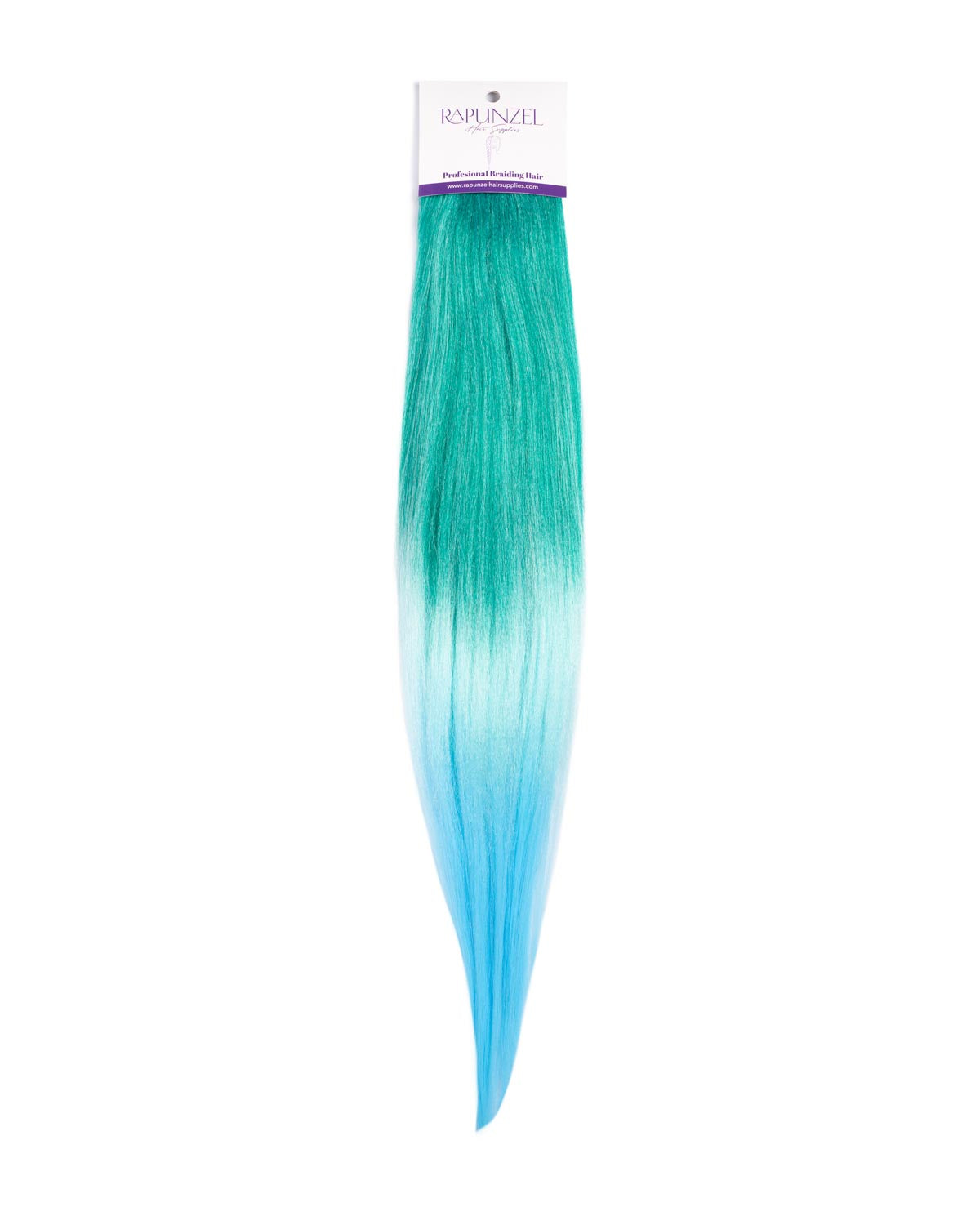 Teal hair extension with a brand label on a white background