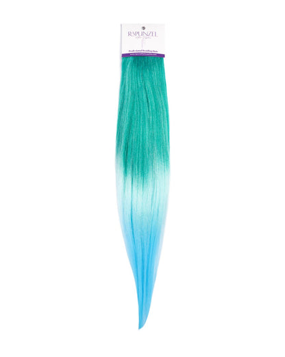 Teal hair extension with a brand label on a white background