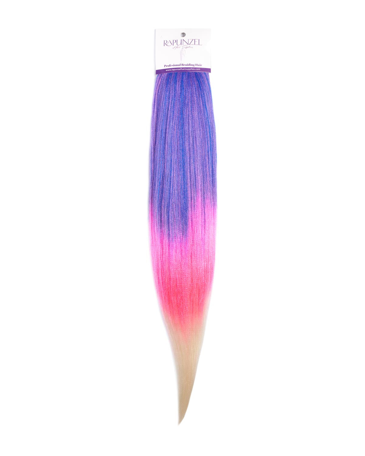Hair extension with gradient color from purple to pink to blonde on a white background