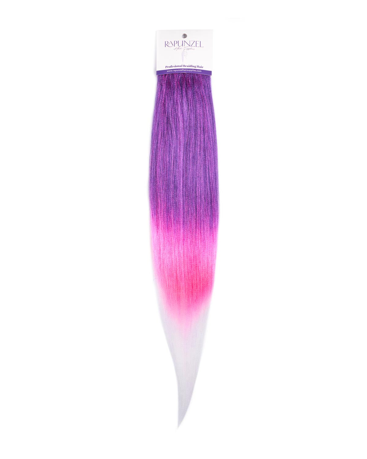 Hair extension with purple and pink gradient on a white background