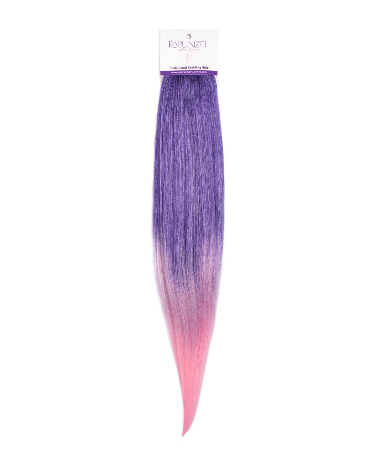 Purple to pink ombre hair extension with a brand label on a white background