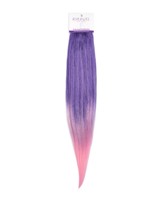 Purple to pink ombre hair extension with a brand label on a white background