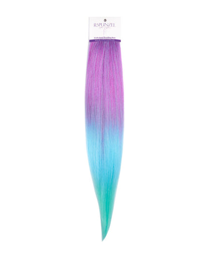 Gradient purple to blue hair extension with 'Rapunzel' branding on a white background